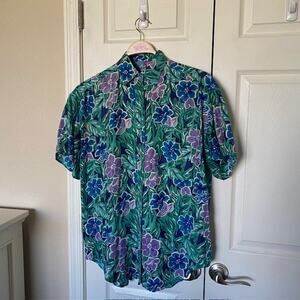 Color FX Hawaiian Shirt 100% Silk Floral Short Sleeve Casual Button Men's Medium